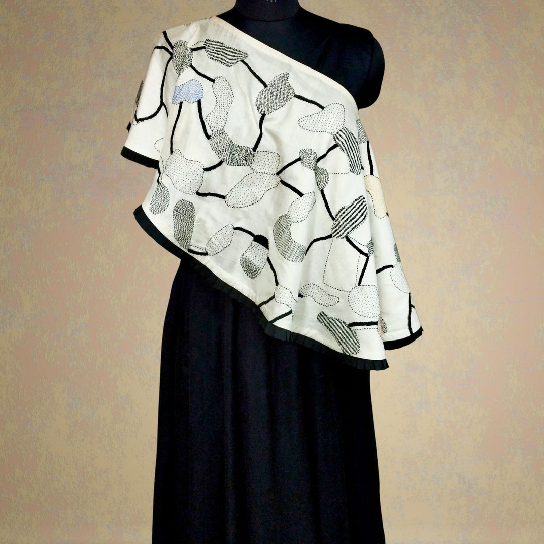 Beejo Tussar Eri Silk Cape | Sujani Hand-Embroidered | Black & White