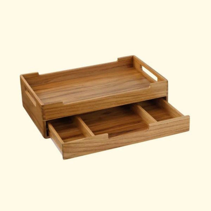 Cresta Serving Tray With Teabags Drawer | Teak Wood | Hand-Crafted |16 Inch