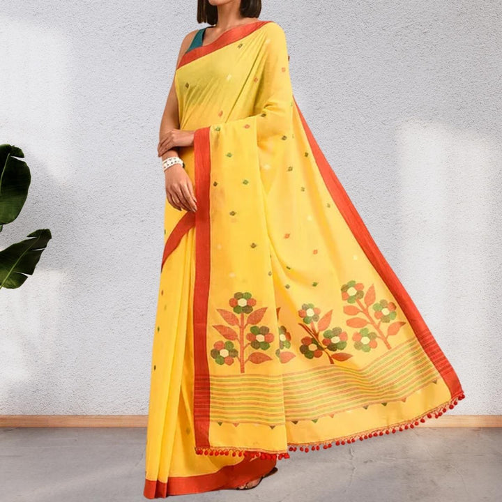 Saffron Yellow Jamdani  Cotton Mul Mul  Saree | Hand Crafted | Super Soft | Vibrant