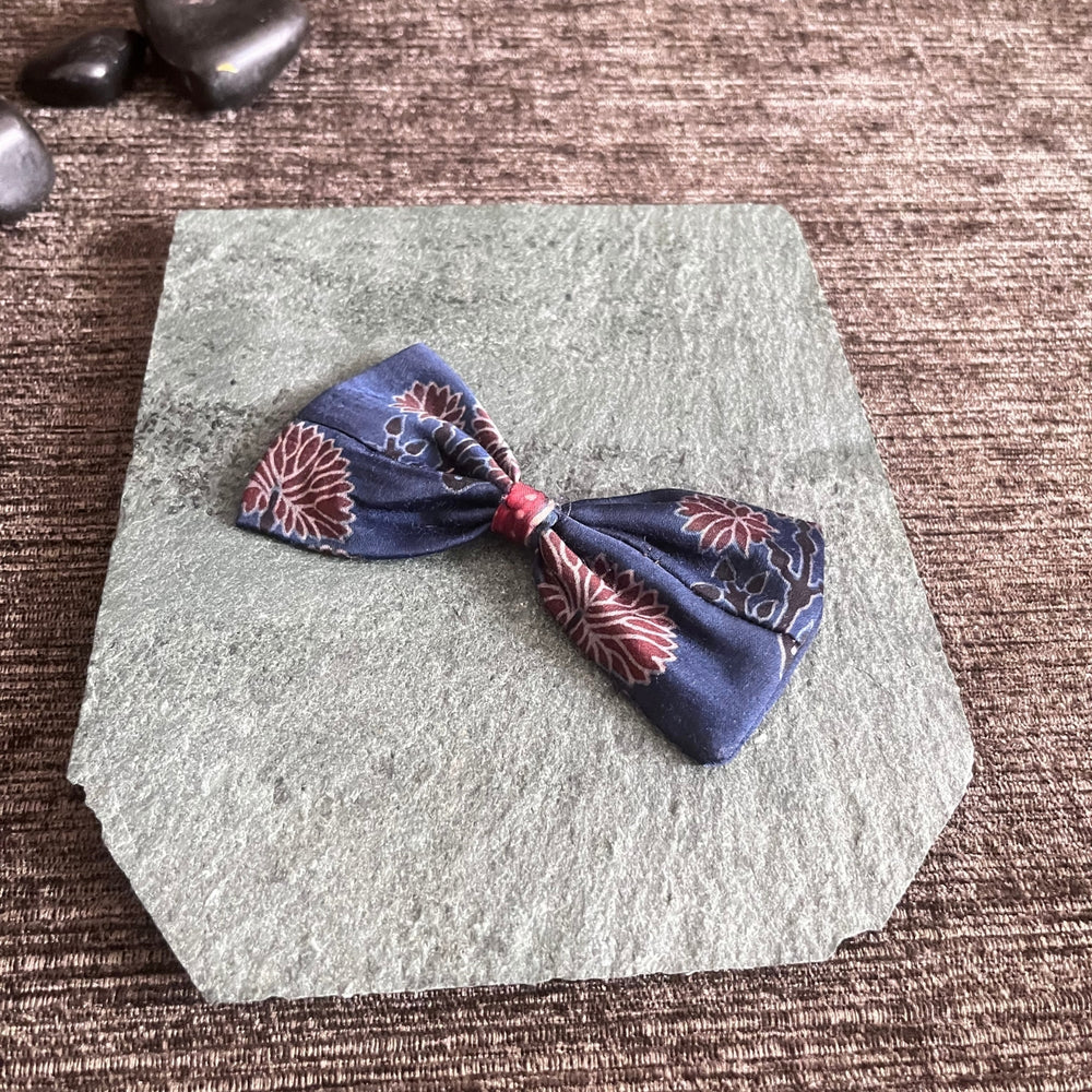 Floral Hair Bow Clip For Girls | Hand Crafted | Comfortable | Ajrakh Modal | Dark Blue