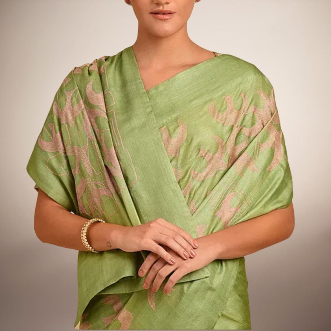 Pear Green Tussar Silk Saree | Sujani Craft | Formal & Festive | Embroidered