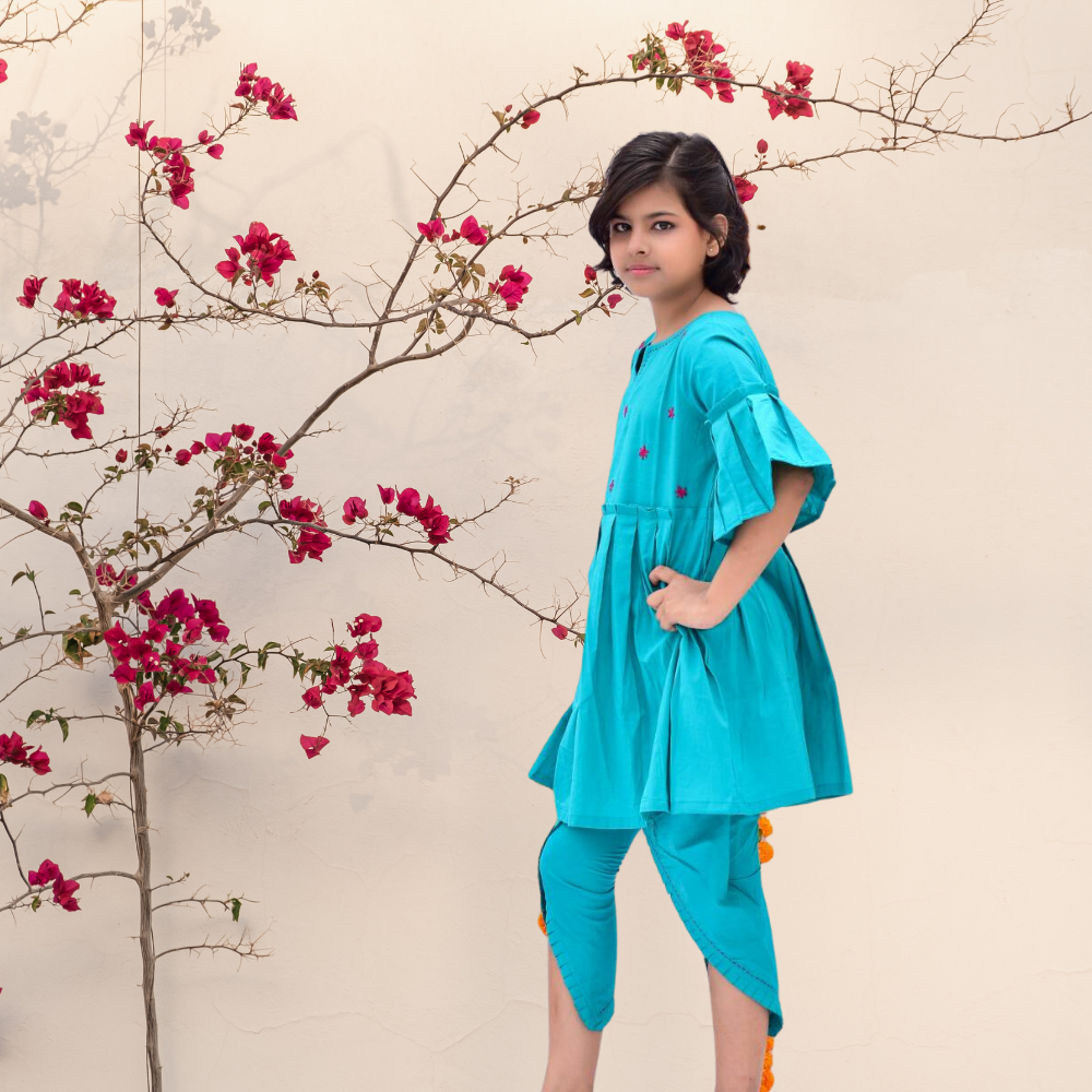 Bahar Dhoti Set | Kurta And Dhoti Set | Girls Festive Wear | Embroidered | Cotton | Turquoise