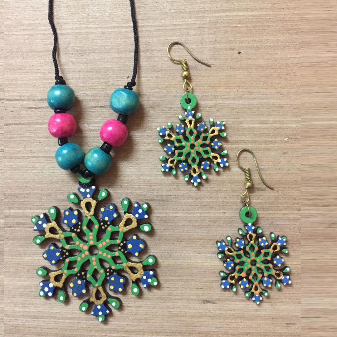 Snow Flake Wooden Jewelry Set | Tikuli Art Painting | Green And Blue