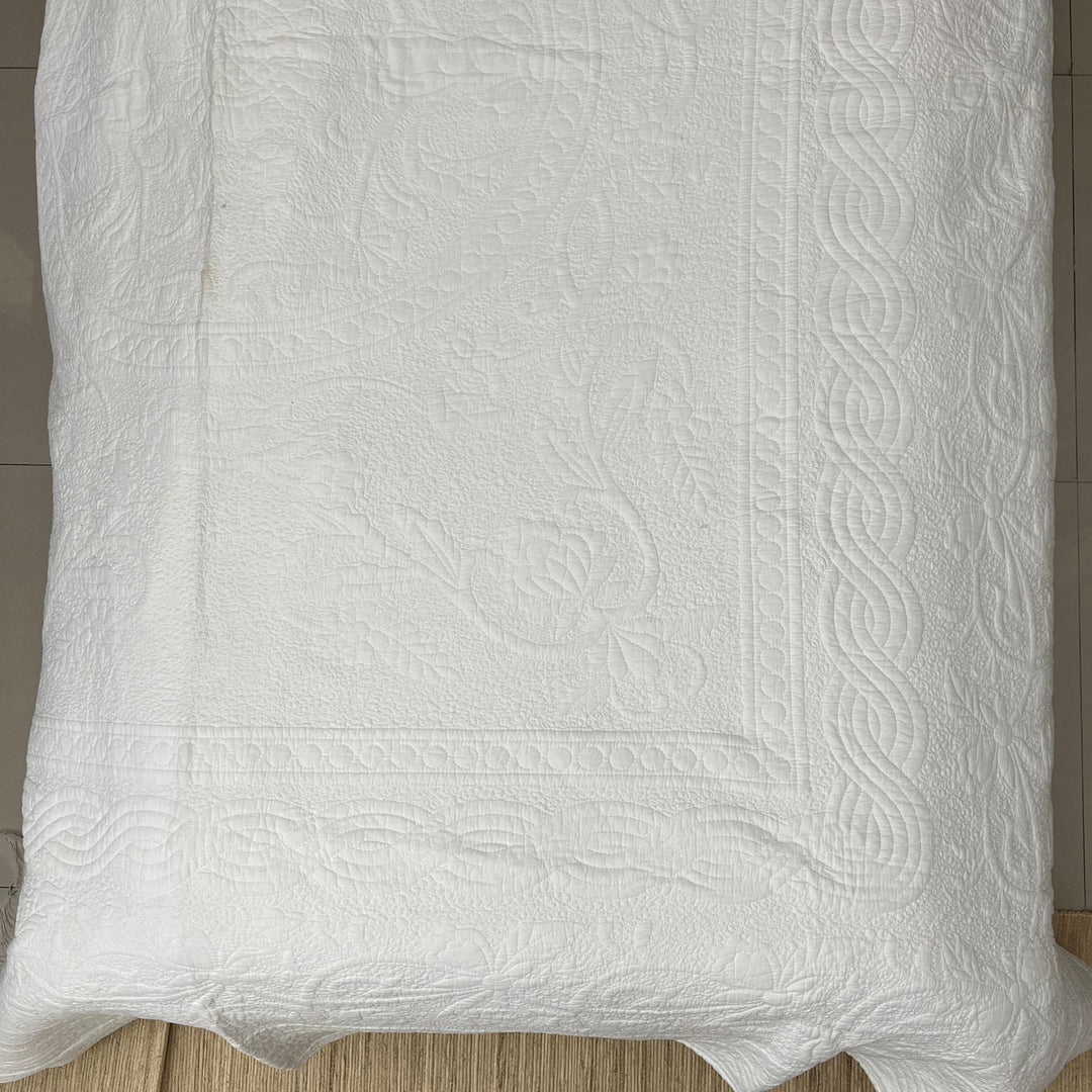 White Cotton Round Medallion Embroidered Quilt | Ornate Elegance | 228 x 280 CM