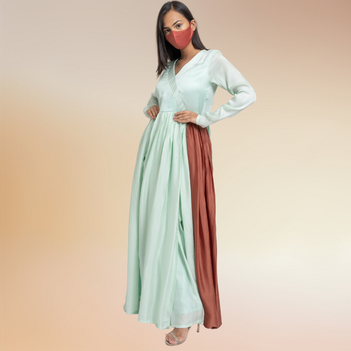 Sea Green-Caramel Colour Block Angrakha | Bemberg Modal Silk | Festive Ready