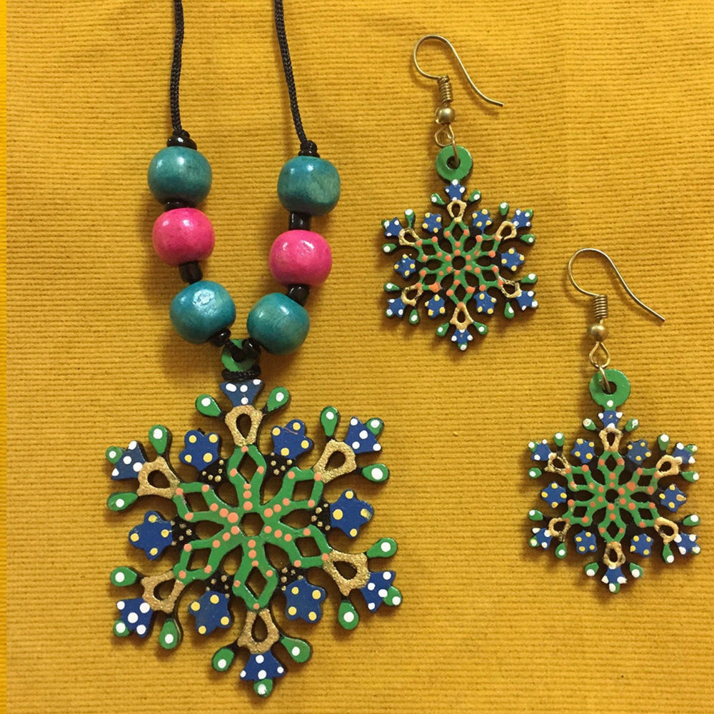 Snow Flake Wooden Jewelry Set | Tikuli Art Painting | Green And Blue