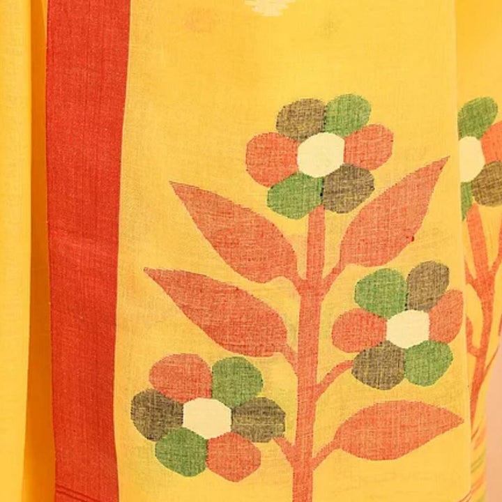 Saffron Yellow Jamdani  Cotton Mul Mul  Saree | Hand Crafted | Super Soft | Vibrant