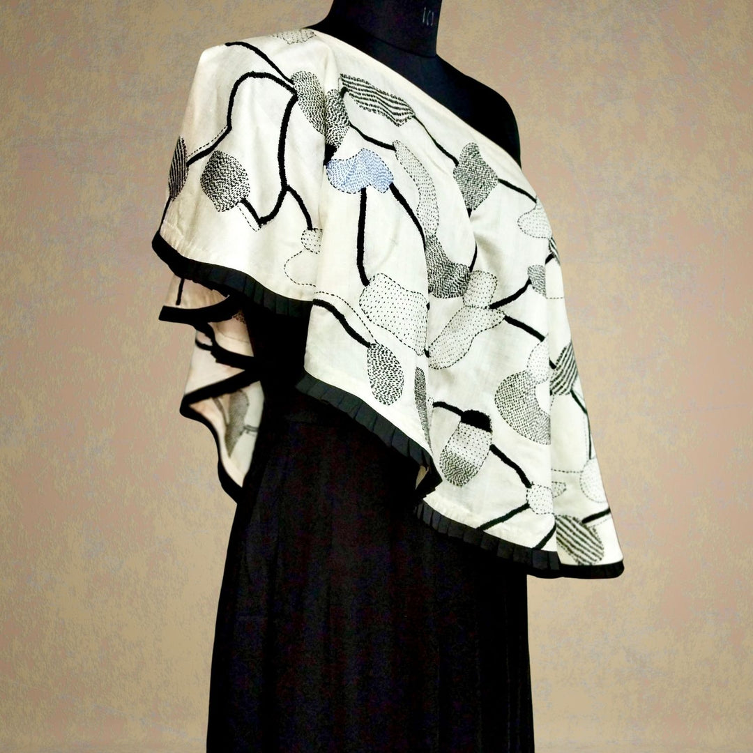 Beejo Tussar Eri Silk Cape | Sujani Hand-Embroidered | Black & White