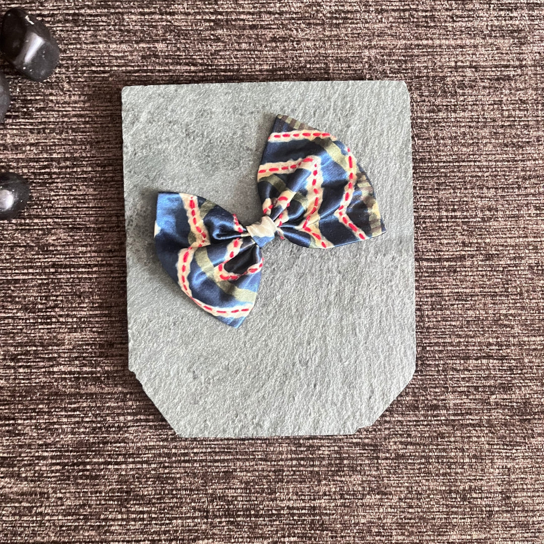 Blue Bow Hair Clip For Girls | Embroidered Hair Accessory | Ajrakh Modal | Comfortable