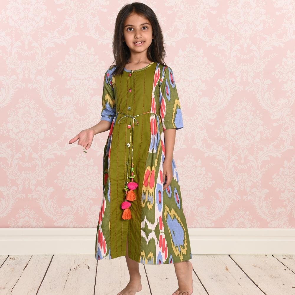 Peasent Ikat Dress | Girls | Cotton | Green