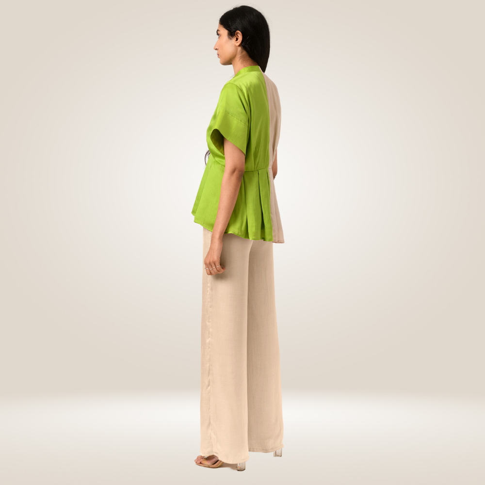 Ecru Green Half Half Blouse | Bemberg Modal Silk | Subtle Sophistication