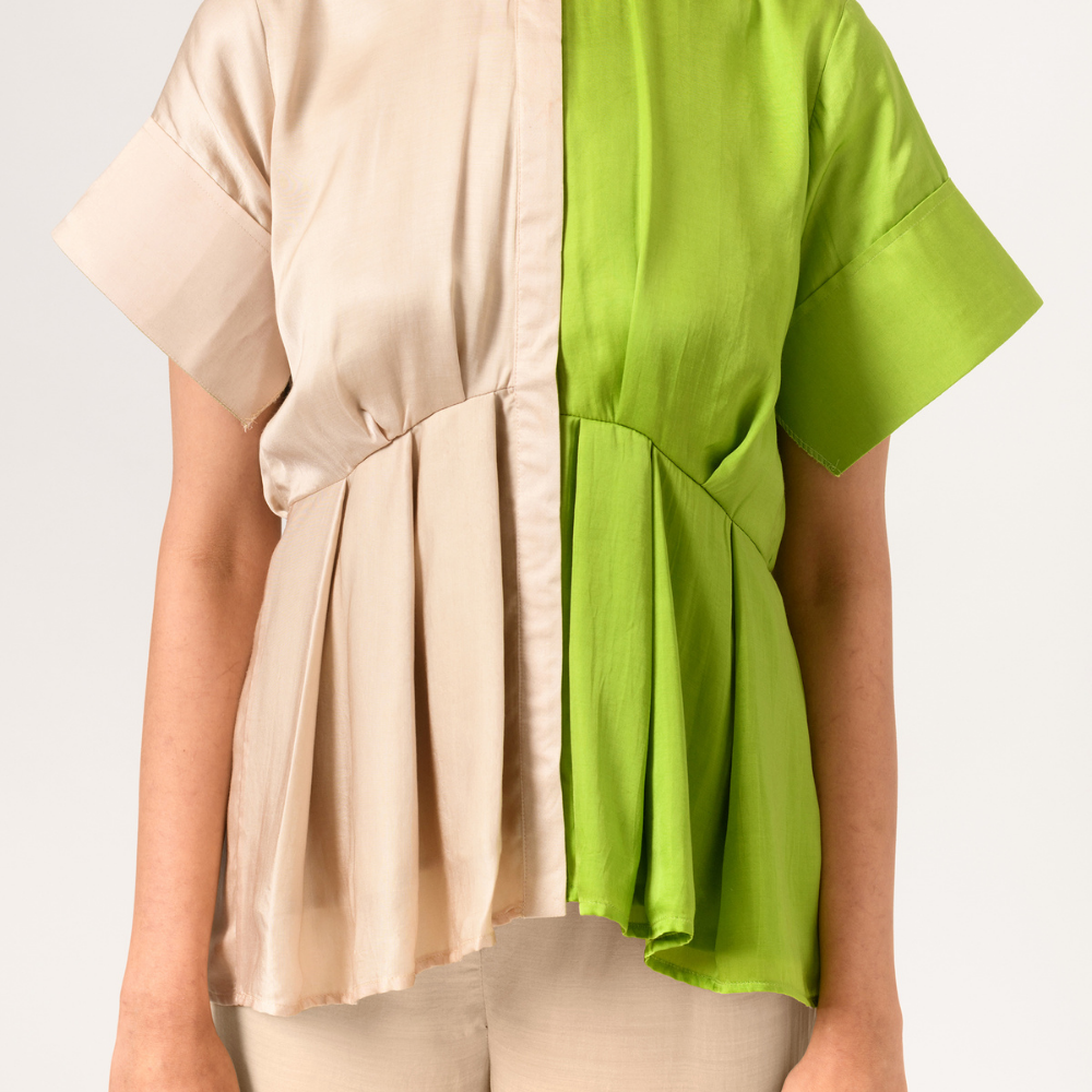 Ecru Green Half Half Blouse | Bemberg Modal Silk | Subtle Sophistication