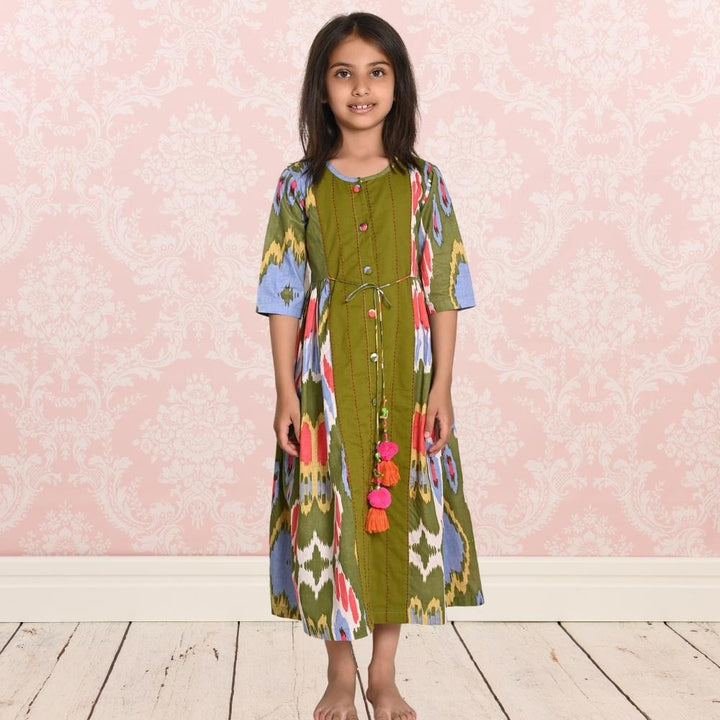 Peasent Ikat Dress | Girls | Cotton | Green