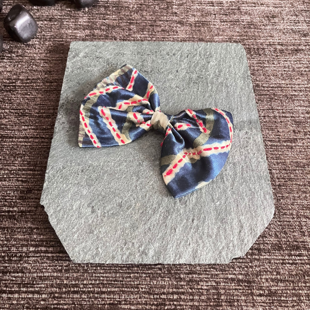 Blue Bow Hair Clip For Girls | Embroidered Hair Accessory | Ajrakh Modal | Comfortable