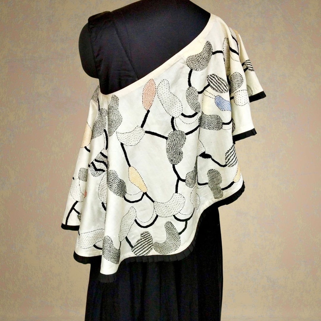 Beejo Tussar Eri Silk Cape | Sujani Hand-Embroidered | Black & White