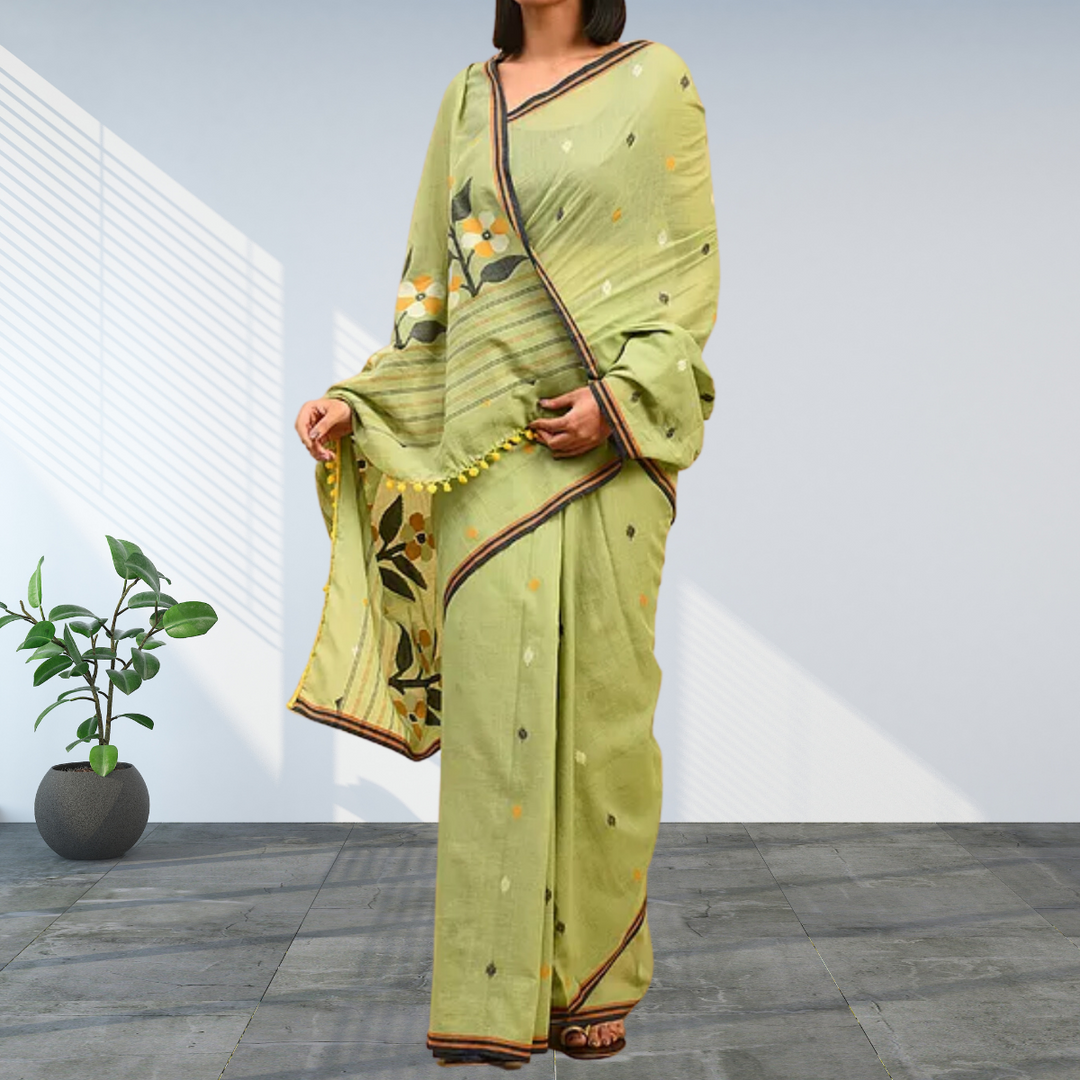 Fern Green Jamdani Cotton Mul Mul Saree | Subtle | Light Weight | Super Soft | Elegant