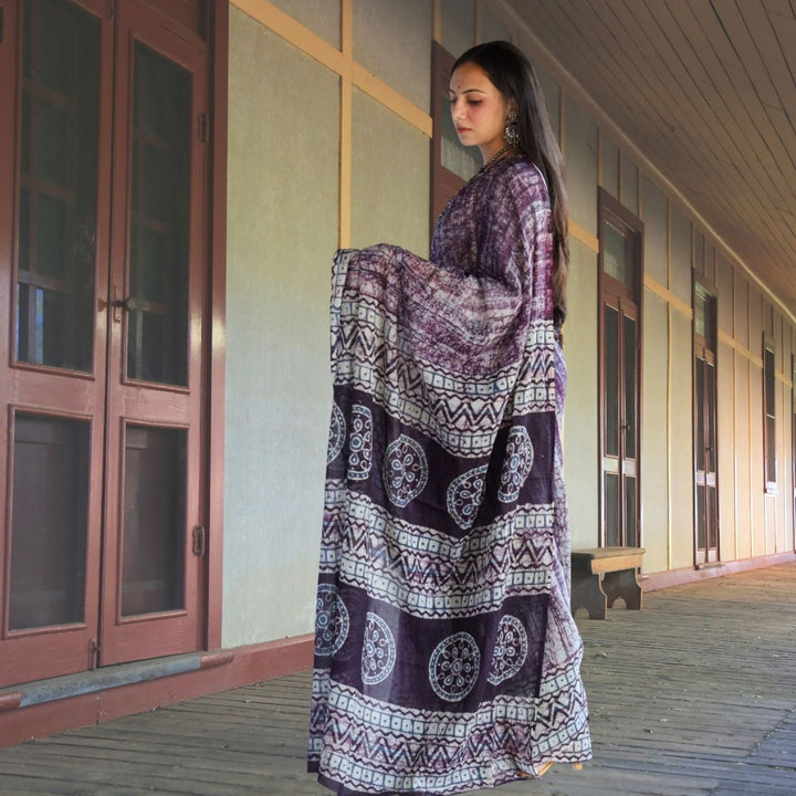 Plum Batik Printed Hand Spun & Hand Woven Cotton Muslin Saree | Artisanal