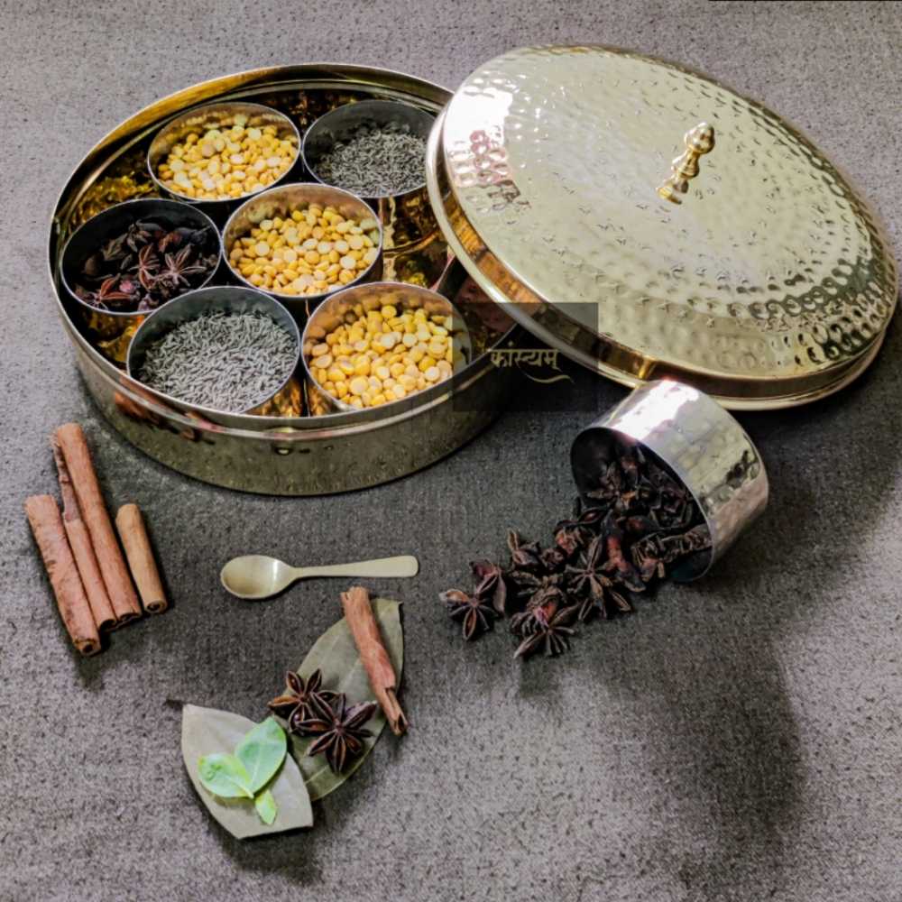 Hammered Pattern Spice Box In Kansa Metal With Tin Coated Pyaali | 9 Inch