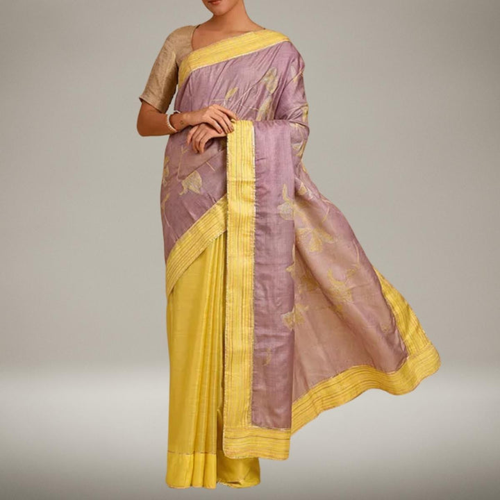 Lavender & Yellow Tussar Silk Designer Saree | Sujani  | Festive | Sophisticated Look