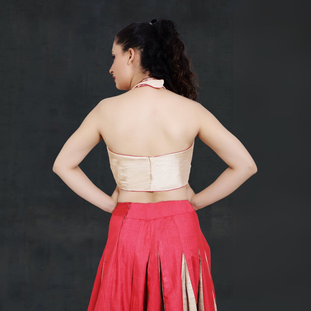 Urvi Tussar Panelled Lehenga Set | Halter Neck Blouse |  Modern Twist | Red & Beige