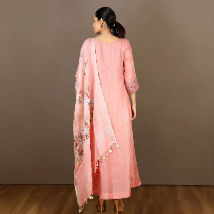 Advika Tussar Kurta Pant Set | Sequin Embellished | Effortless Style | Watermelon Pink