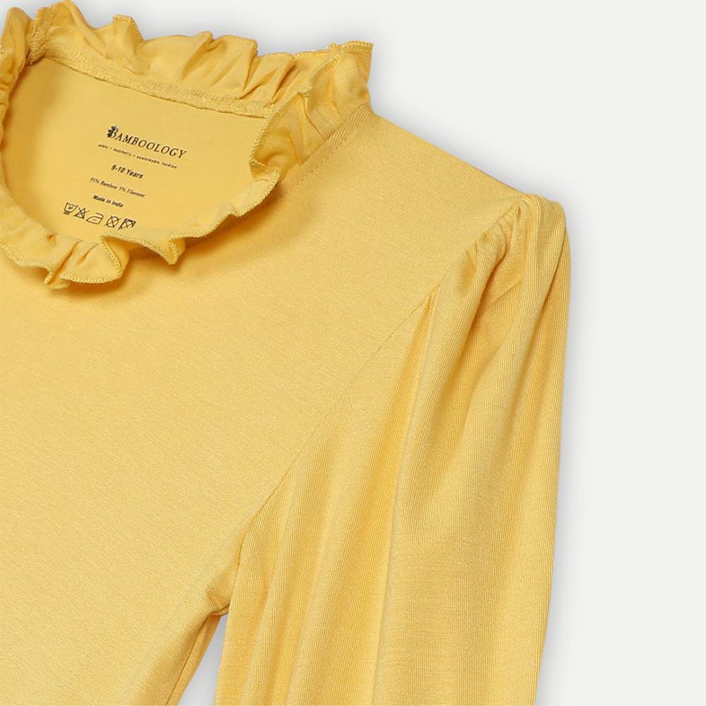 Girls Yellow Ruffled Neck Top | Bamboo Fabric | Organic | Casual | Kids Active Wear