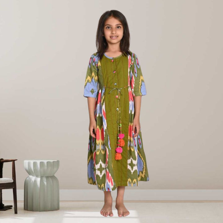 Peasent Ikat Dress | Girls | Cotton | Green