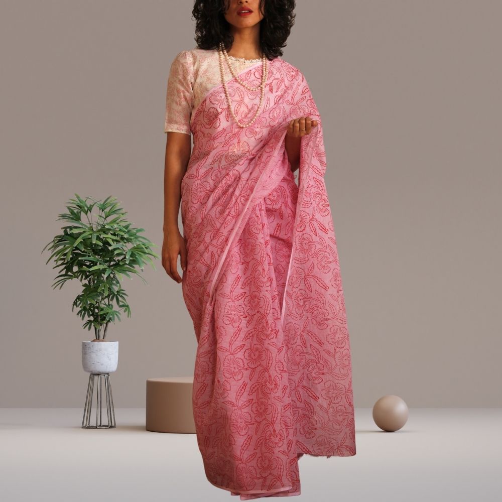 Mars Marble Saree | Kota | Hand Block Printed | Summery | Flamingo Pink