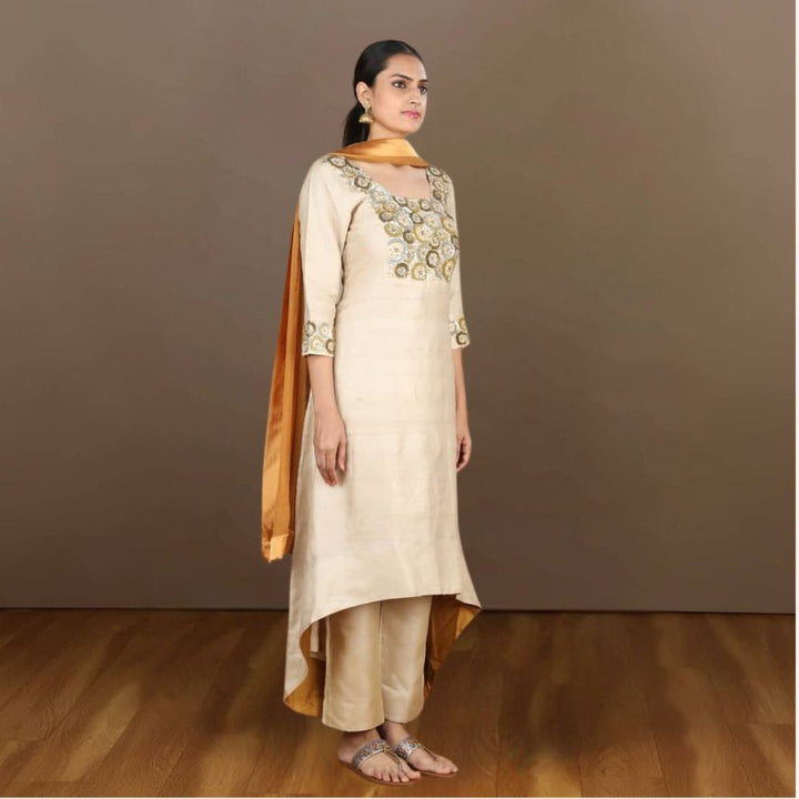 Aira Asymmetric Desi Tussar Kurta Set | Embroidered | Sophisticated | Festive | Beige