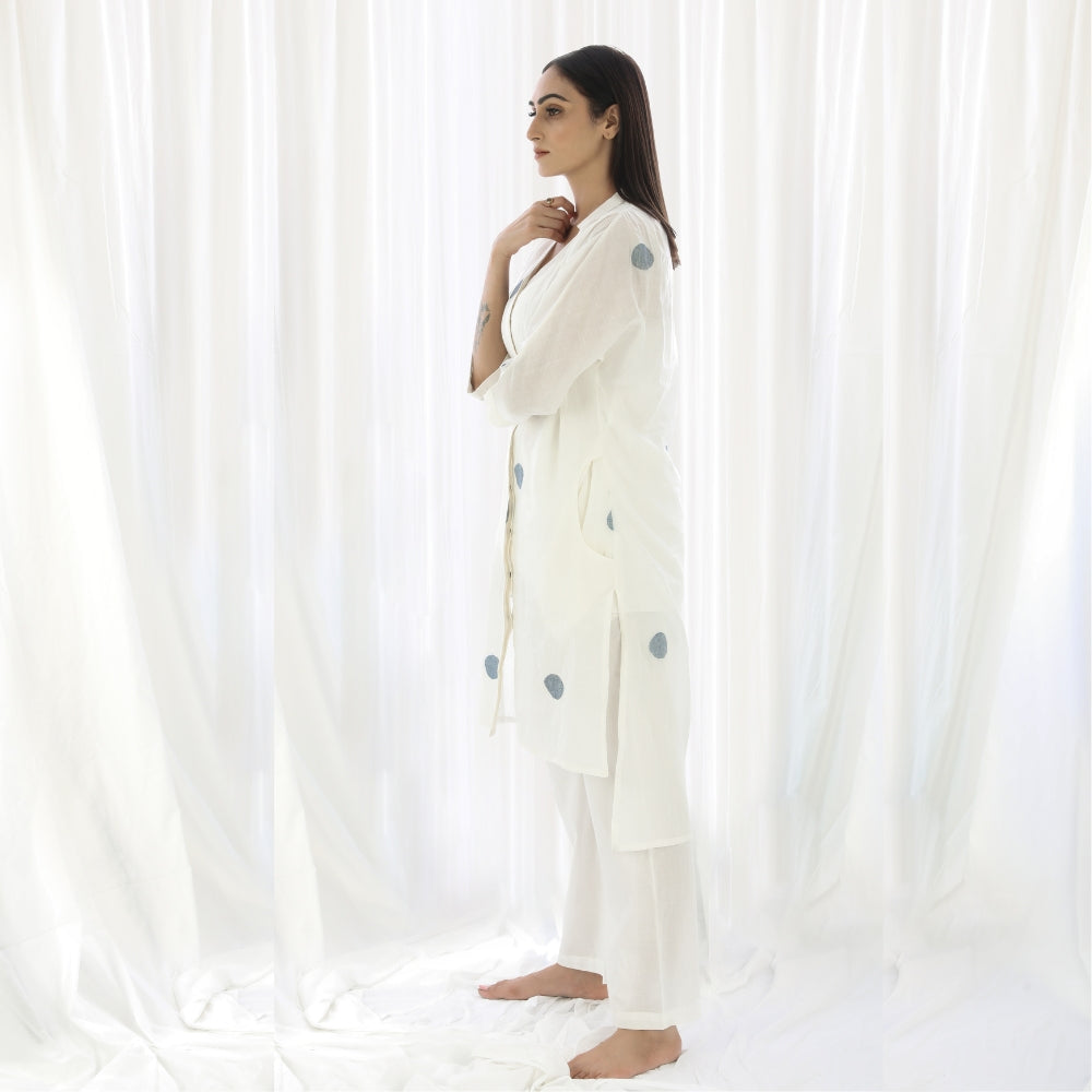 Women Long Shirt Cotton Tunic | White With Blue Polka Print | Smart Casual Wear