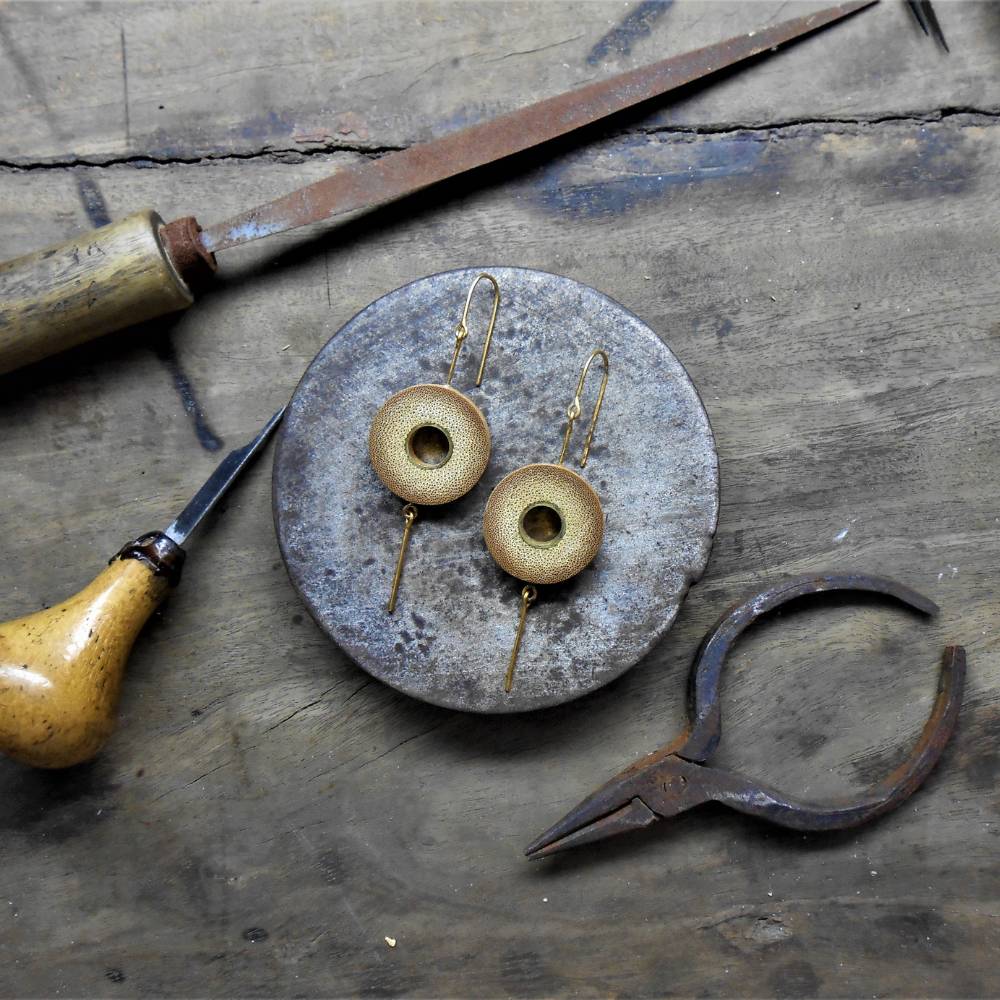 Earthy Brown Disc Ear Dangle | Minimalistic Look | Gold Plated Recycled Brass And Bamboo