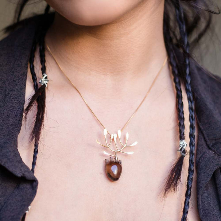 Gold Plated & Silver Pendant | Foliage Designed with Heart | Smoky Quartz Semiprecious Stone