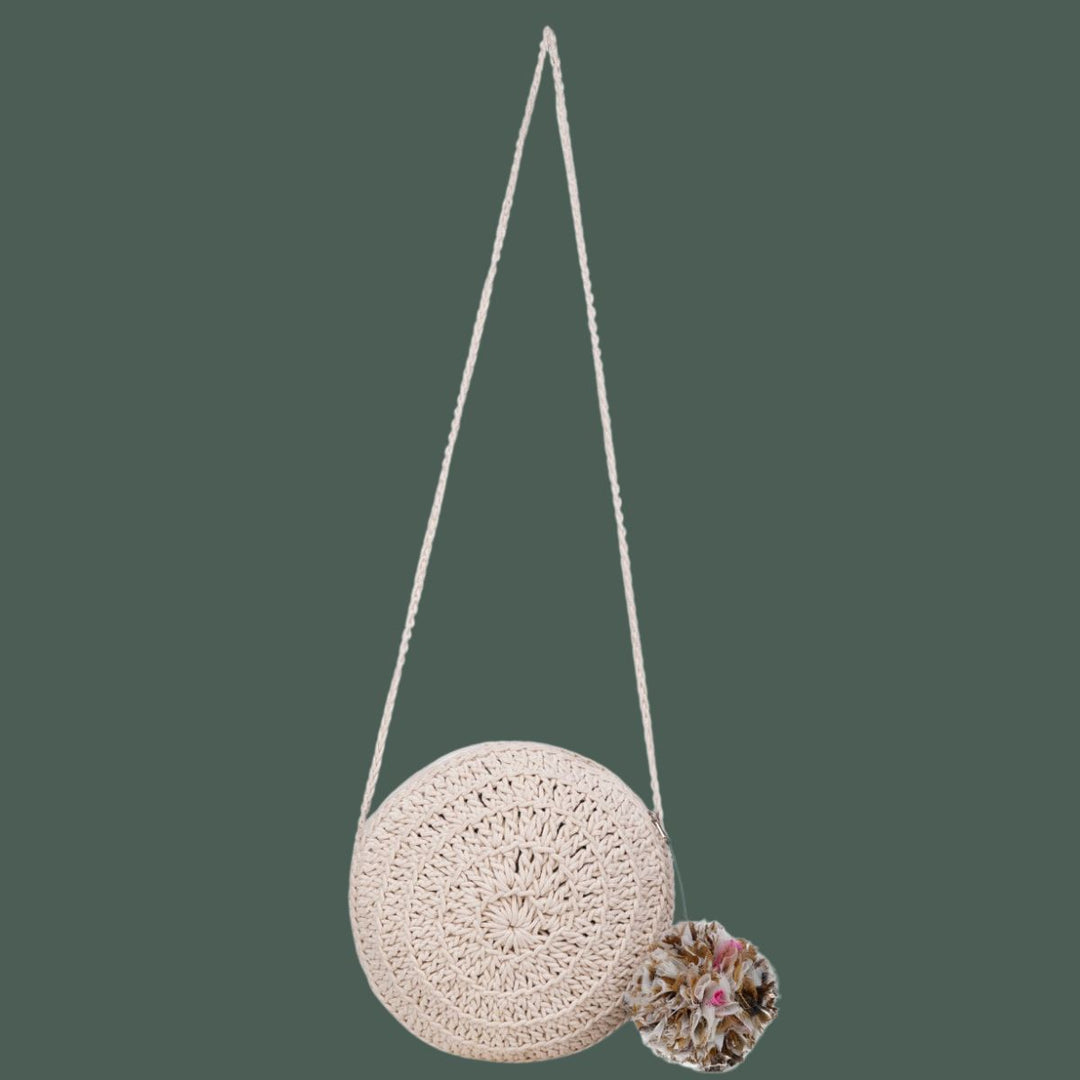 Miniature Round Mini Sling Bag | Hand-Crochet | Cotton Yarn | Off White