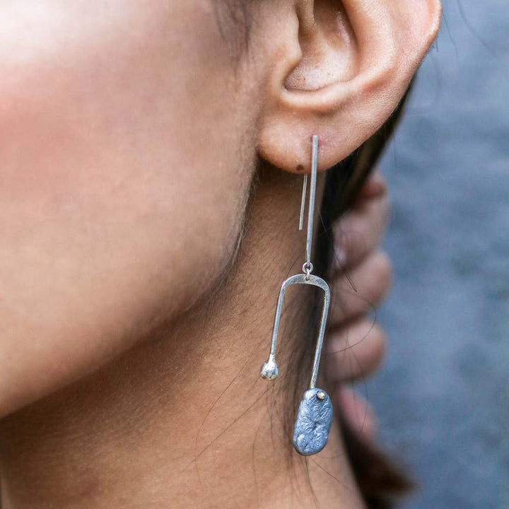 Dangling Silver Earring | Hand Made | Recycled Aluminium Nuggets | Minimally Designed