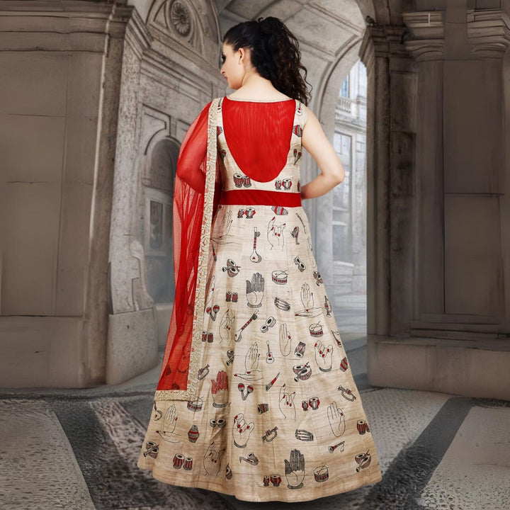 Swarali Tussar Silk Gown | Madhubani Hand-Painted | Vibrant | Artistic | Scarlet & Beige