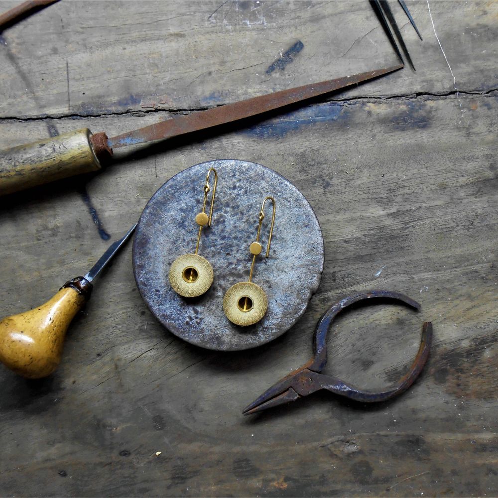 Rhea One Dot Earrings | Hand- Crafted | 92.5 Silver & Gold Plated Recycled Brass & Bamboo