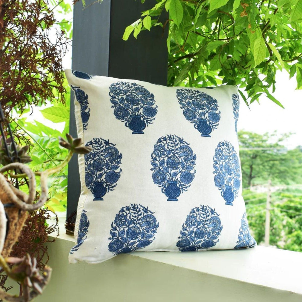 Blue & White Cotton Cushion Cover | Set Of 2 | 16 x 16 Inch 