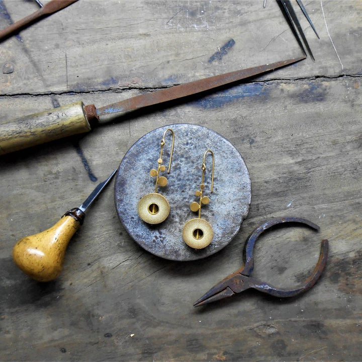 Rhea Dot Dash Earrings | Hand- Crafted | 92.5 Silver & Gold Plated Recycled Brass & Bamboo