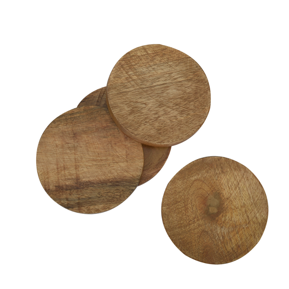 Wooden Coasters | Tableware | Handcrafted | Natural Wood Brown | Round Shape In 3.8" | Set Of 2