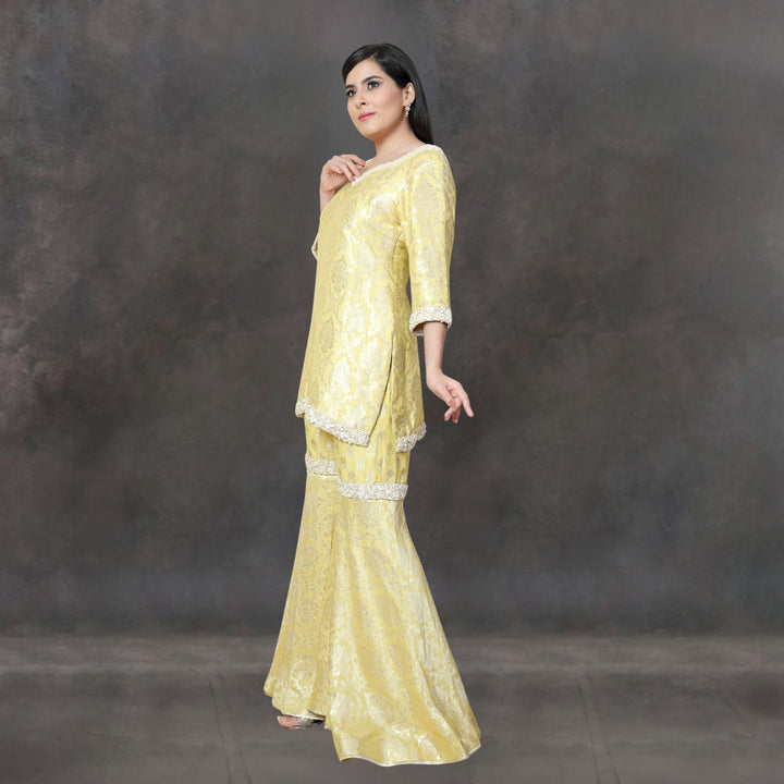 Naira Banarasi Kurta Gharara Set | Hand-Embellished | Graceful | Lemon Yellow & Fuchsia