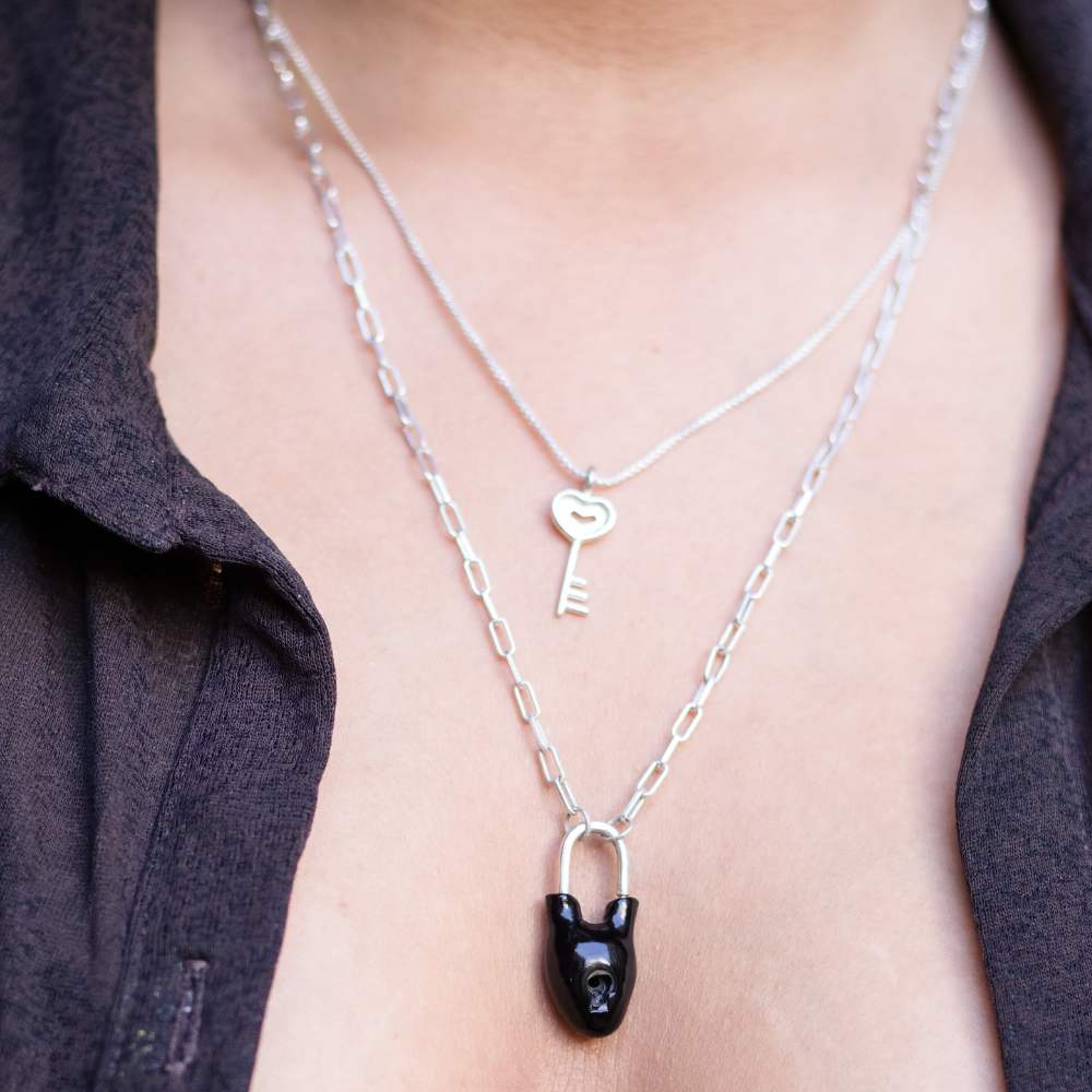 Silver Necklace | Lock Inspired Design | Hand-Crafted Black Onyx Gemstone in 925 Silver