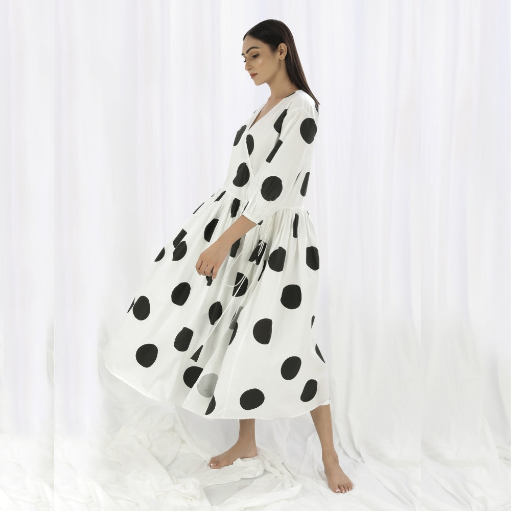 Overlapping Comfy Dress | Exuding Femininity in White & Black Polka Print