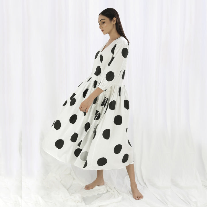 Overlapping Comfy Dress | Exuding Femininity in White & Black Polka Print