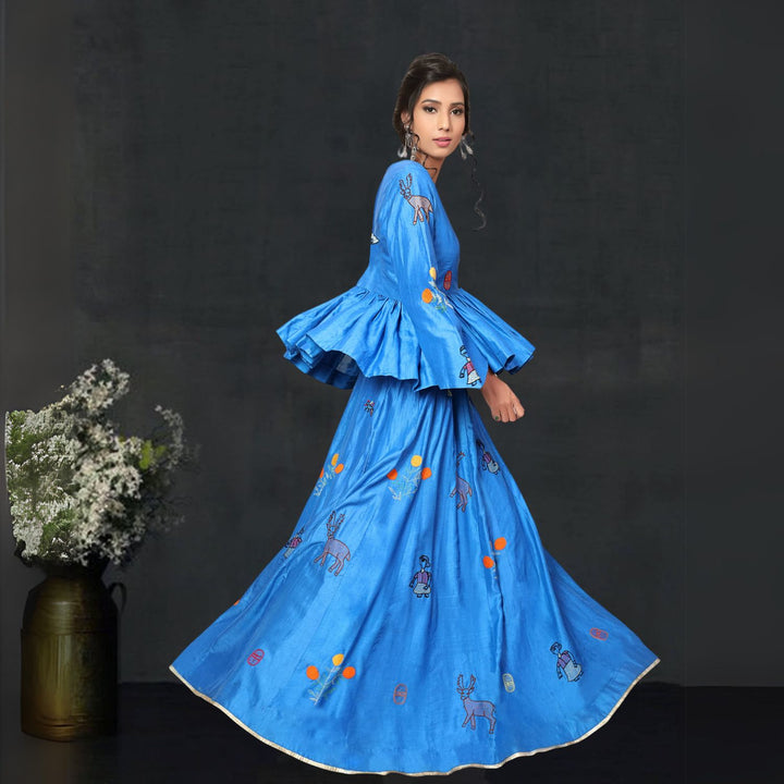 Ziva Tussar Silk Lehenga Set | Sujani Embroidered | Hand Crafted | Cobalt Blue