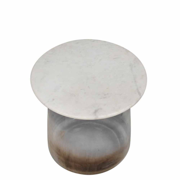 Marble Top Side Table In Round With Smokey Glass Bottom | Modern Accent Table | 16 Inches Tall