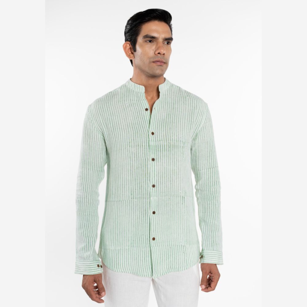 Green Stripes Mandarin Collar Shirt | 100% European Linen | Eco-Friendly