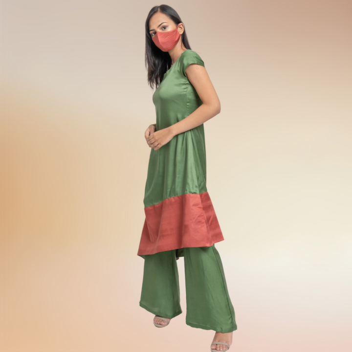 Olive Green Set | Co-ord | Kurta Set | Bemberg Modal Silk | Olive Green And Crimson