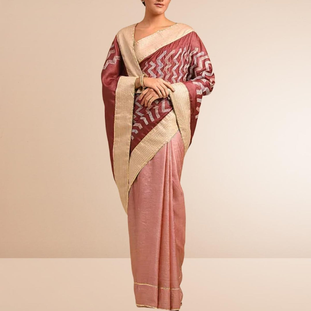 Maroon and Peach Half & Half Designer Saree | Classic Sujani Craft On Tussar Silk Base | Smart Chevron  Motif | Gota Work 