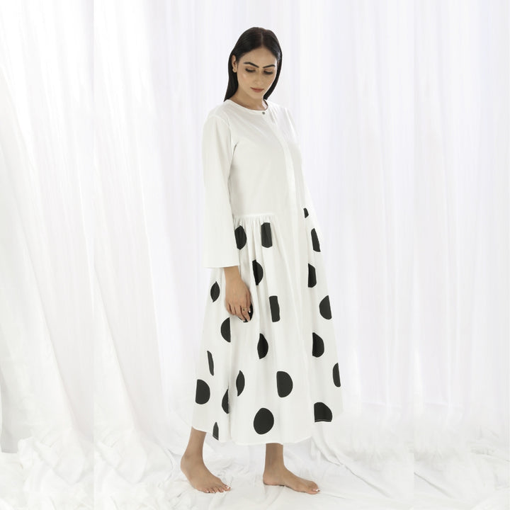 Women Gather Dress | White And Black Polka Print | Smart Casual Resort Wear 