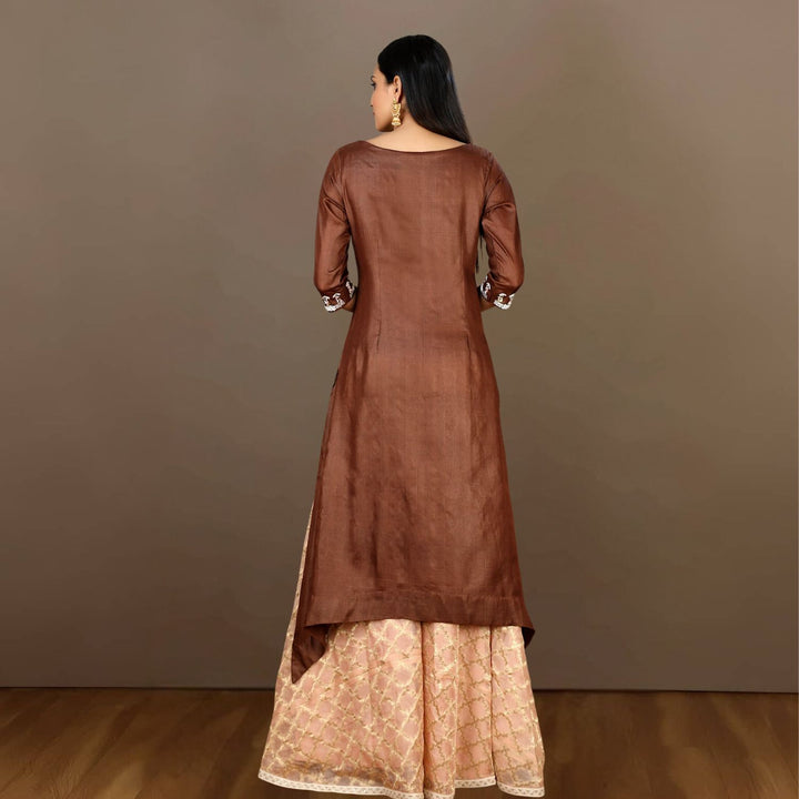 Akhila Asymmetric Tussar Sharara Set | Embellished | Chocolate Brown & Peach